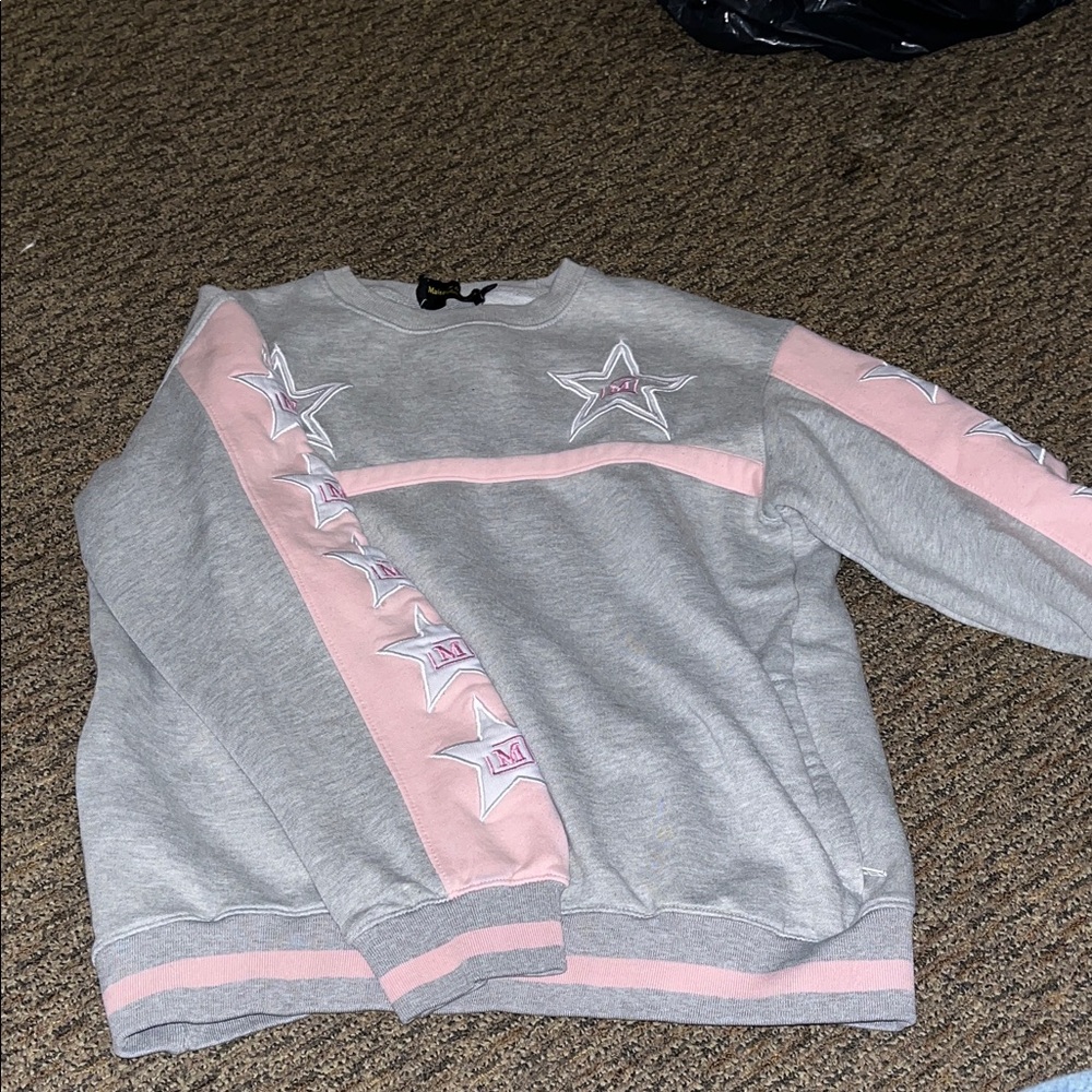 Gray and Pink Star-Embellished Women's Crew Neck Sweater